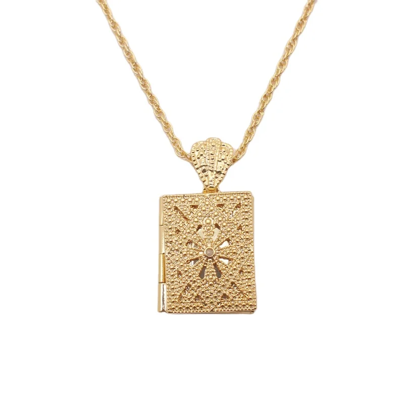 

Solid Initial Yellow 18K Gold Square Locket Pendant Hollow-Carved Necklace with Crystal for Women With Rope Chain