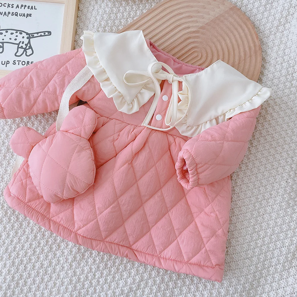 

2021 winter new girls' cotton clothes coats kids baby girl bear bag lace collar cotton jacket