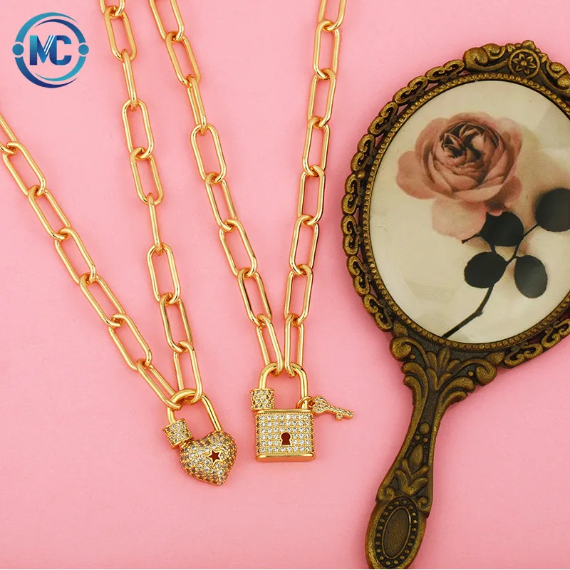 

Women 18K Real Gold Chain with Cubic Zirconia Paved Lock and key Pendant Necklace