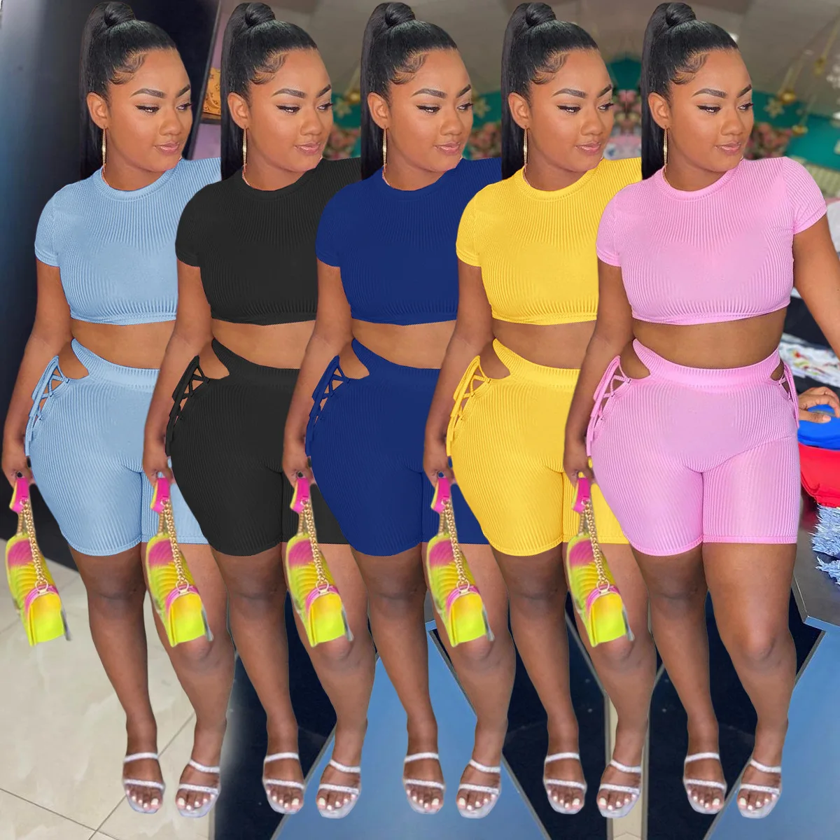 

New Design 2021 Casual 3 Color Trendy Crop Top O-neck Short Sleeve Hollow Out Bandage 2 Piece Biker Shorts Women Set, Pink black white