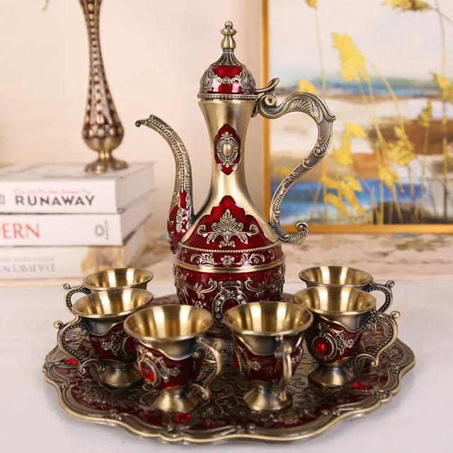 

Silver Liqueur set Silverware,Elegant Design Gold Plated Metal Muslim Zam Zam Set,arabic bedouin silver coffee/tea set, Color