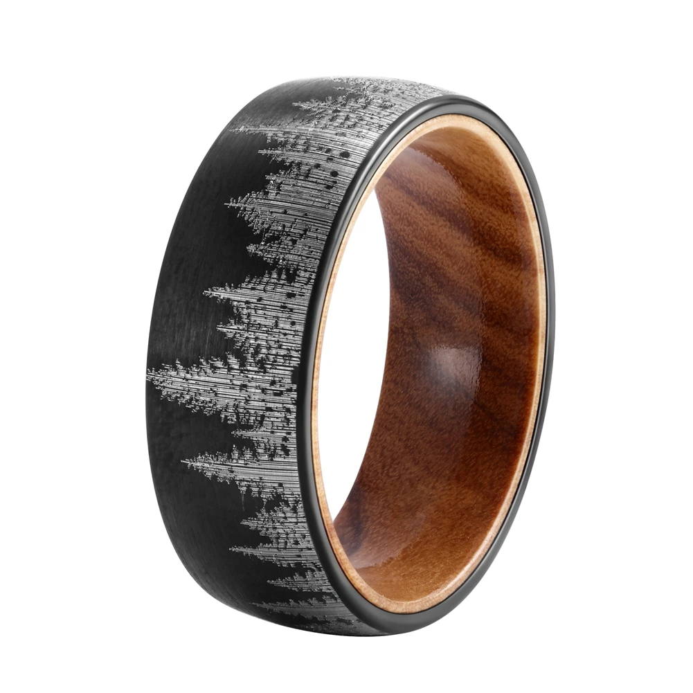 

POYA TUNGSTEN 8 mm Black Forest Mountain Ring Men's Wedding Band with Oliver Wood Liner Comfort Fit