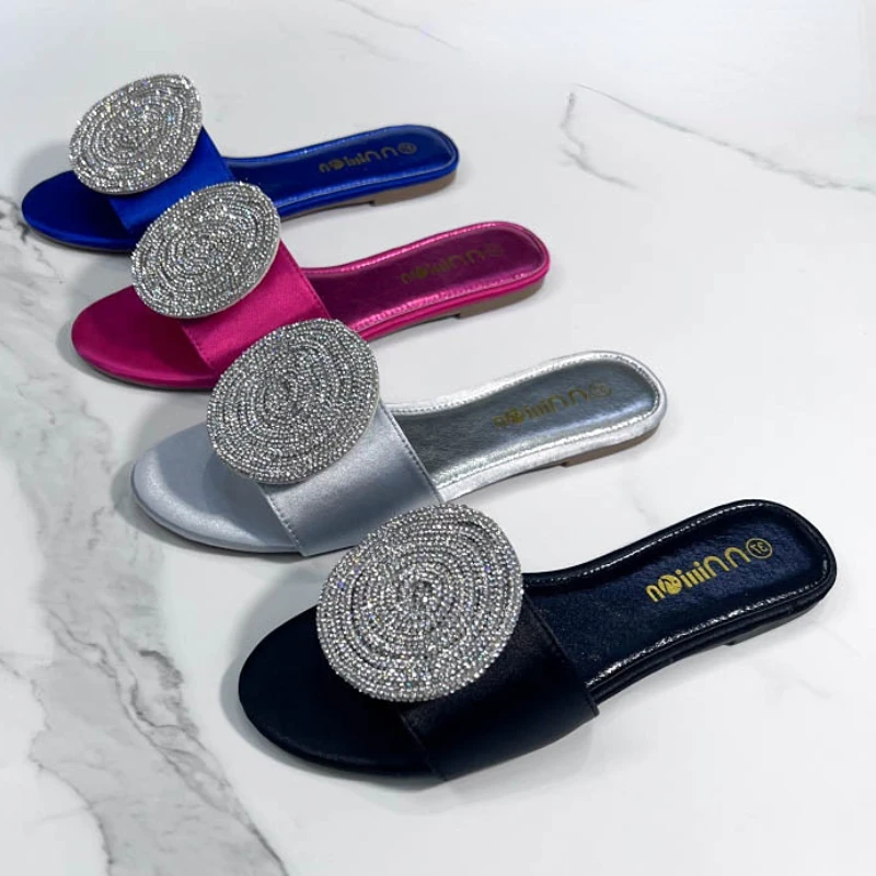 

Simple Design Sandali Donna Femme Upper Slides Style Silver Rhinestone Flat Women's Sandals for Ladies