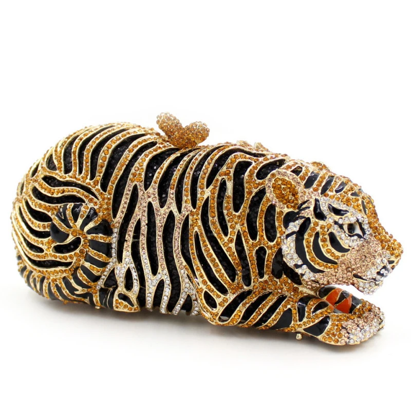 

2021 Tiger shape evening purse designer luxury crystals chain hand bags women crystal clutch bag rhinestones ladies evening bags, Black golden/ black s ilver
