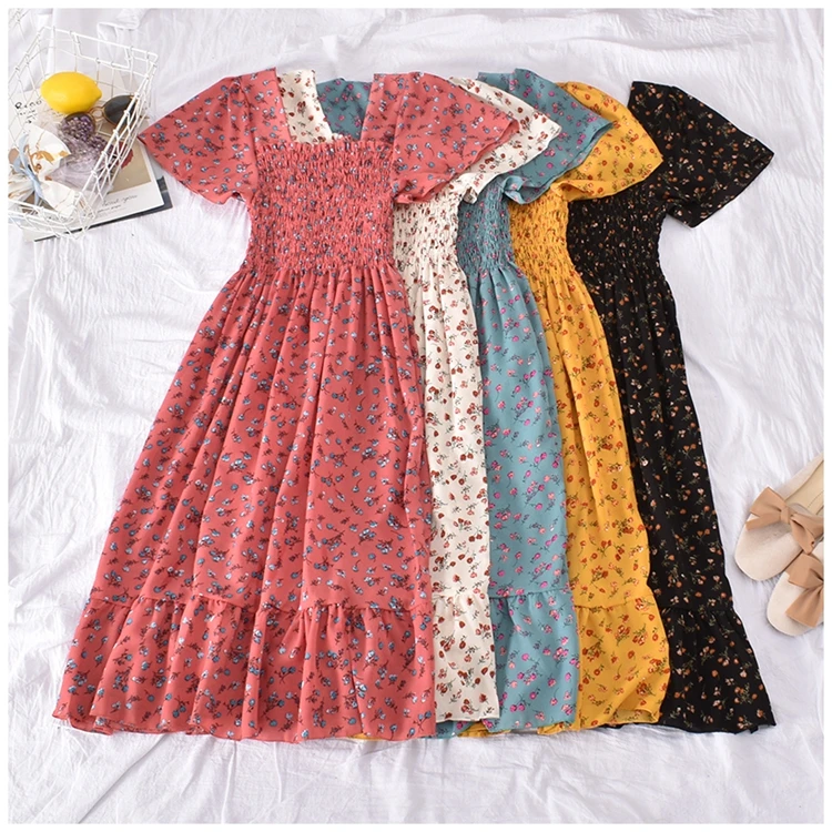 

Korean Casual Imprimir Vestido De Gasa Summer Floral Print Elastic Vintage Ruffle Sleeve Ruched Chiffon Estampado Long Dress