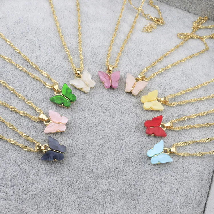 

New Fresh Butterfly Necklace Pendant Fashion Women Gold Butterfly Necklace Alloy Acrylic Butterfly Necklace, Blue, pink, white, purple, black, yellow acrylic butterfly necklace