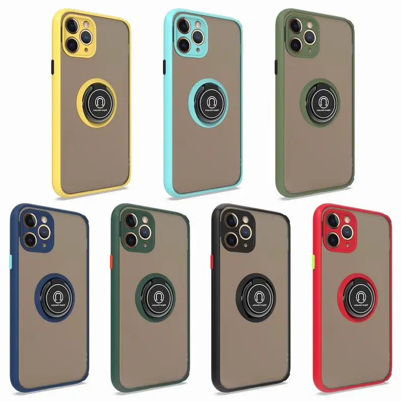 

New design color magnetic stand ring phone case for iphone12 X XR 11 translucent matte metal ring shockproof phone case