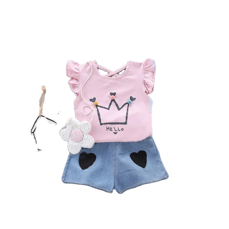 

Flower Crown Summer Baby Girls 0-4 Year Old Clothes Sets Sleeveless Shirt Jeans Summer Girls Set Clothes, Pink / red / yellow