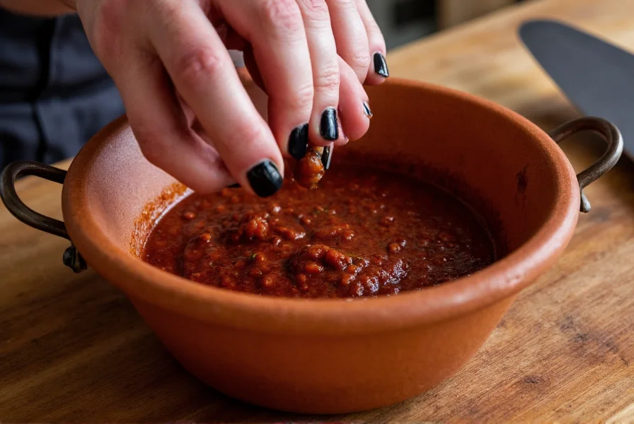 Chef's hand adding guajillo pepper substitute to traditional Mexican mole sauce in clay pot