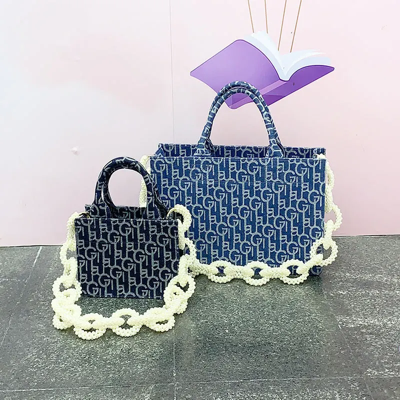 

Pearl handbag handmade beaded chain bag denim shoulder messenger blue ladies handbags, Customizable