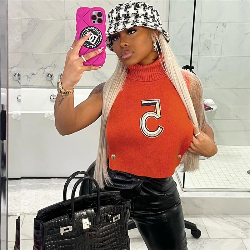 

Solid Color Embroidered Sleeveless T-shirt Knitted Turtleneck Tube Top Hollow Out Crop Top Tshirt Women