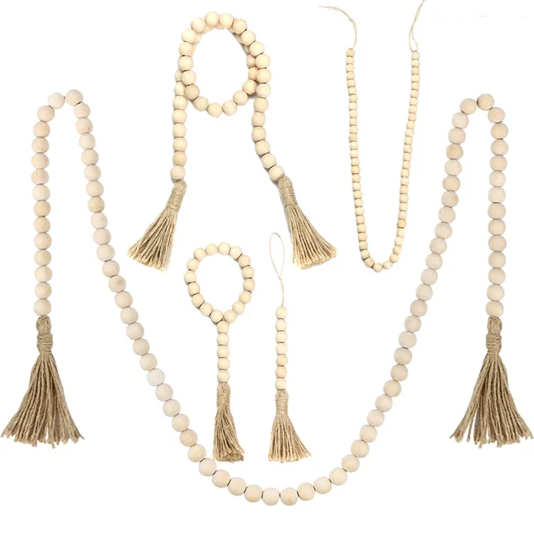 

Wood Beads Garland with Jute Tassels Rustic Natural Wooden Bead String Wall Hanging for Far Simple for Christmas White Party OEM, Customized color