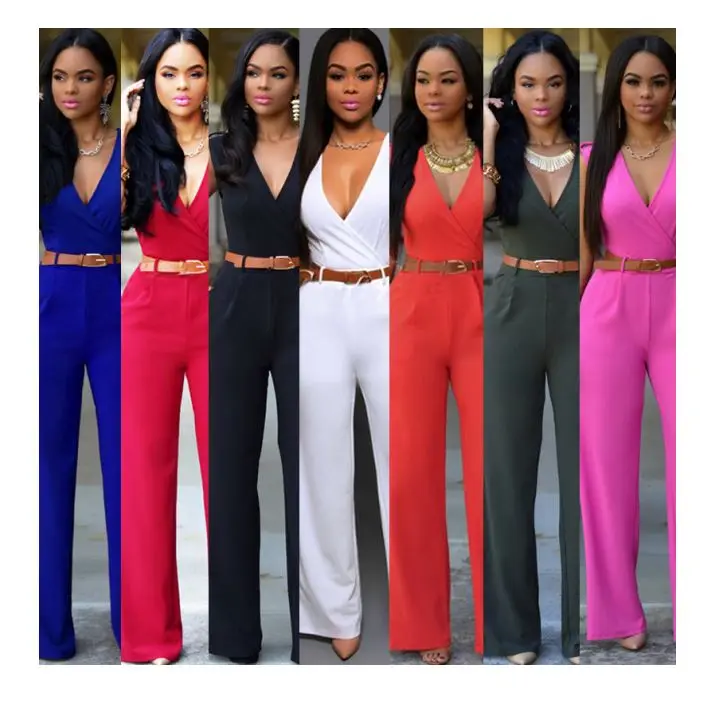

High waist V neck wide-leg pants Solid Color Loose Pants office wear jumpsuits 2021 jumpsuit, As pictures