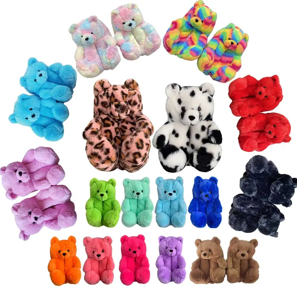 

New Arrival Furry Women Teddy Adorable  Bear Fur Slides Customized Colors Outfit Drop Shipping Teddy Bear Slippers, As picture show or customized