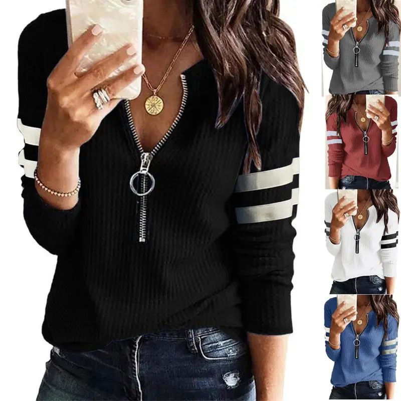 

Wholesale Price 2021 Fashion Zipper V-neck Parallel Bars Stitching Long Sleeve Blouse Female Sexy Woman Plus Size.