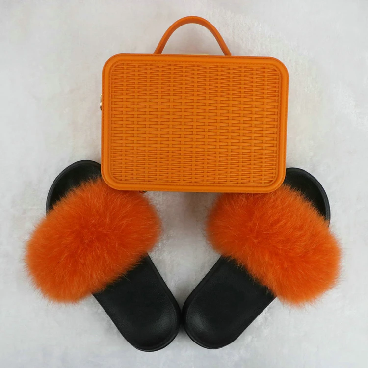 

Summer Luxury Fashion Women Rainbow Colors Soft Fox Fur Slippers And Purse Sets Custom Logo PVC Handbag