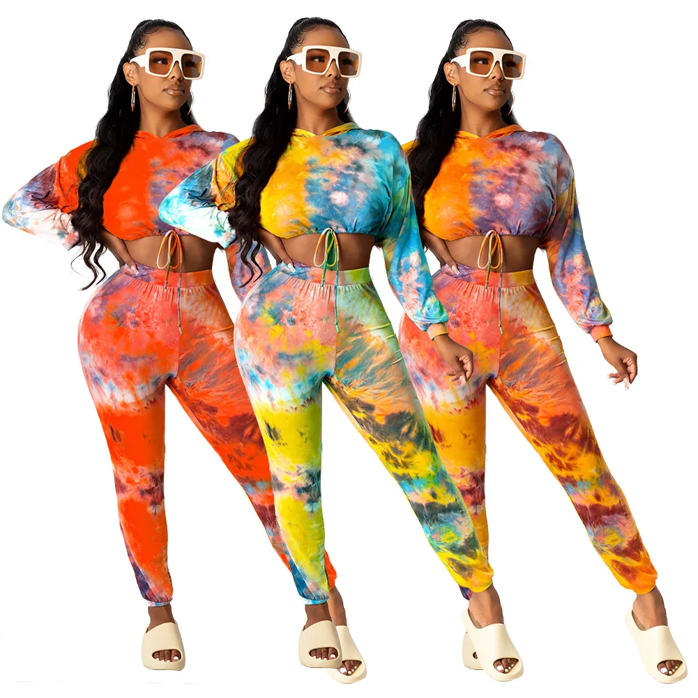 

2021 New Design Tie Dye 2 Piece Set Drawstring Long Sleeved Hooded Womens Sweatshirt And Sweatpants Set