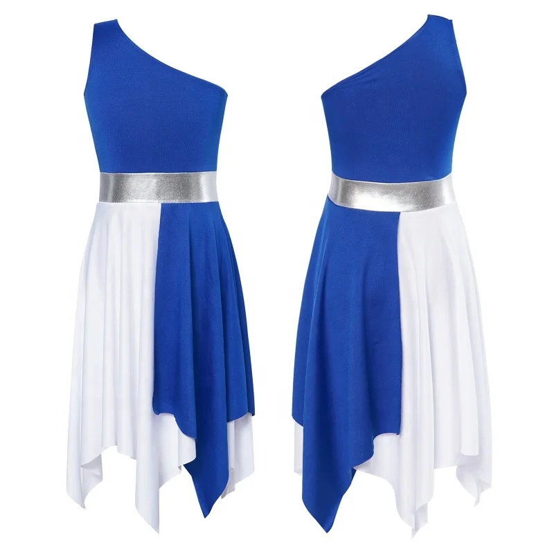 

Girls Stylish Performance Wear Sleeveless Single Shoulder Asymmetrical Tunic Contrast Color Dance Dresses