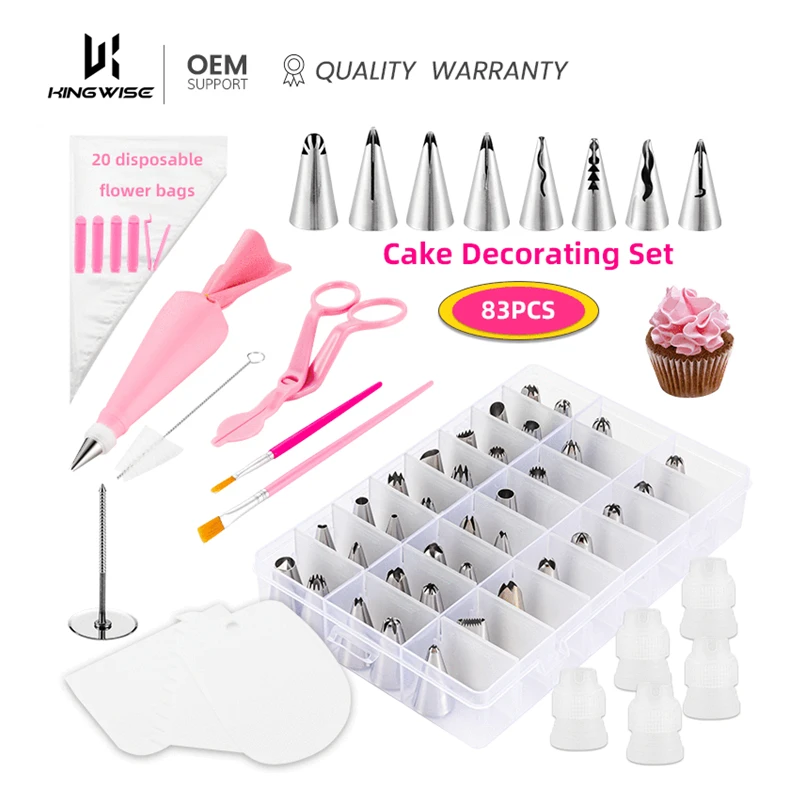 

Pink 83 Pieces Baking Tools Kit Supplier Disposable Piping Tips Bags Nozzles Scraper Fondant Cake Decorating Set