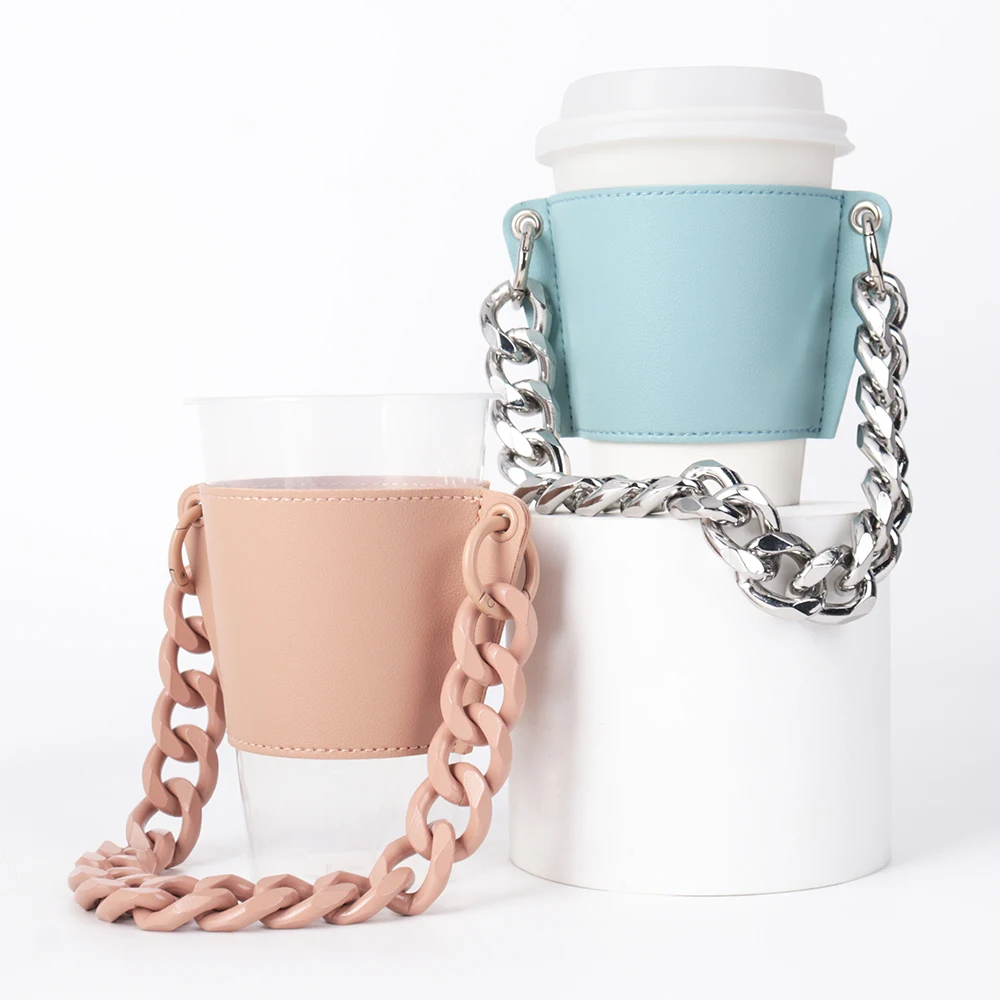 

Ready to Ship Custom Coffee Cup Cover with Removable Metal Chains Leather Cup Sleeve Portable Drink Cup Holder