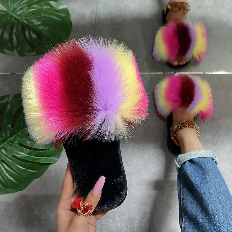 

Women Fur Slippers Fluffy Faux Fox Fur Sandals PVC Rainbow Furry Fluffy Natural Color Raccoon Fur Slides, Yellow, red, grey, blue