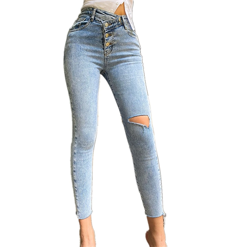 

GILIPUR Fashion women high waist skinny jeans plus size jeans distressed destroyed ripped denim jeans for women, Blue or customized