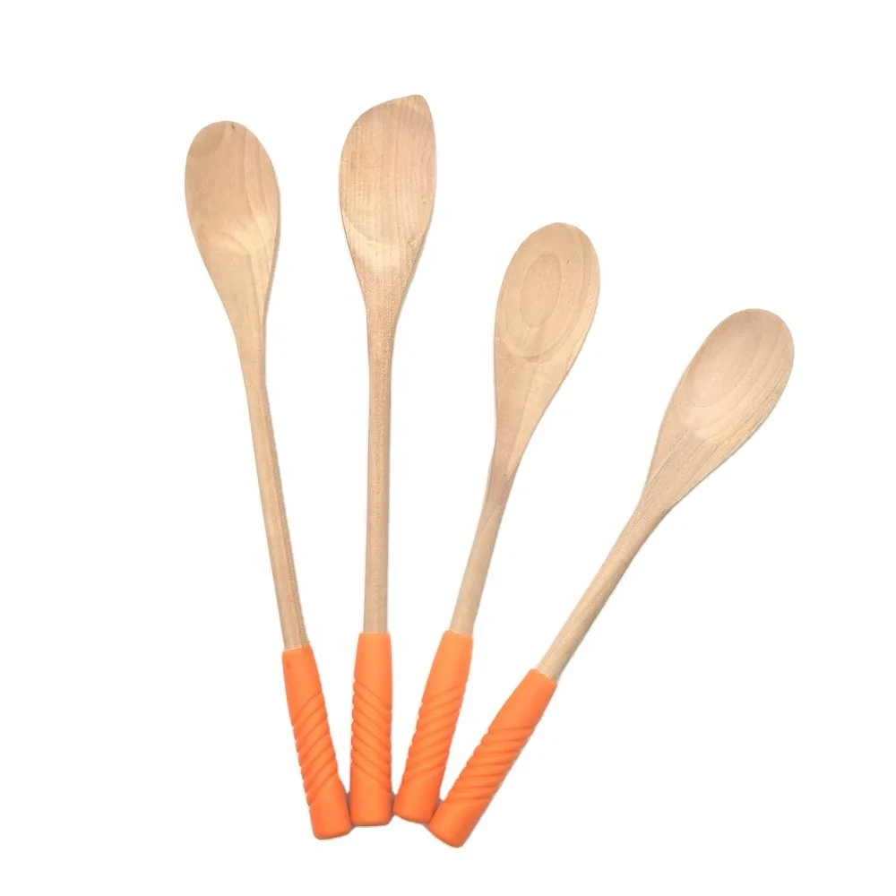 

colorful silicone handle food grade wood spoon kitchen utensil set, Natural