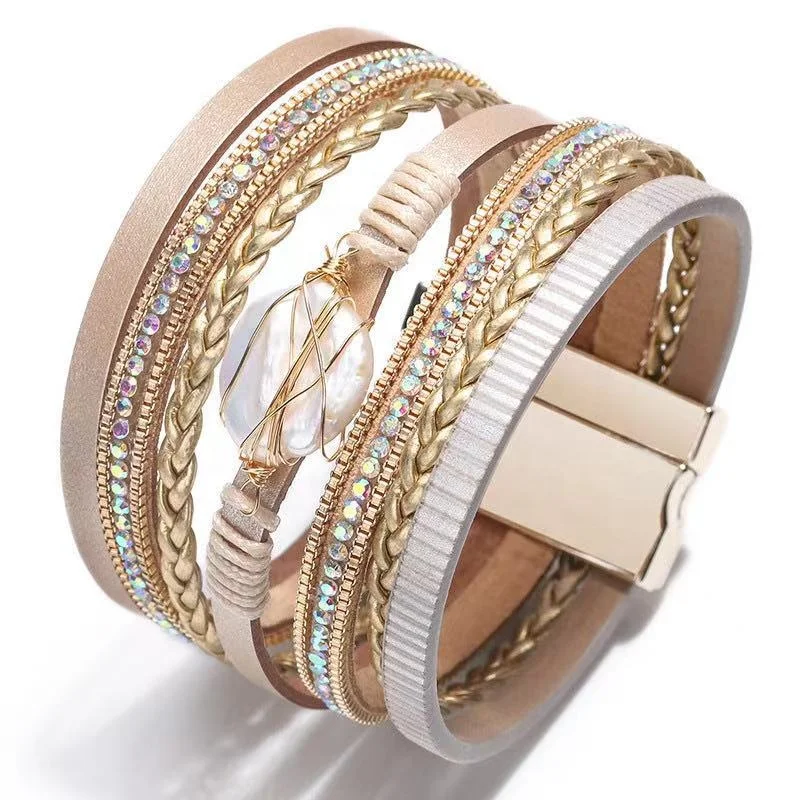 

Hot sale multi-layer rhinestone natural shell braided bracelet magnetic buckle PU bangles for women, 4 colors