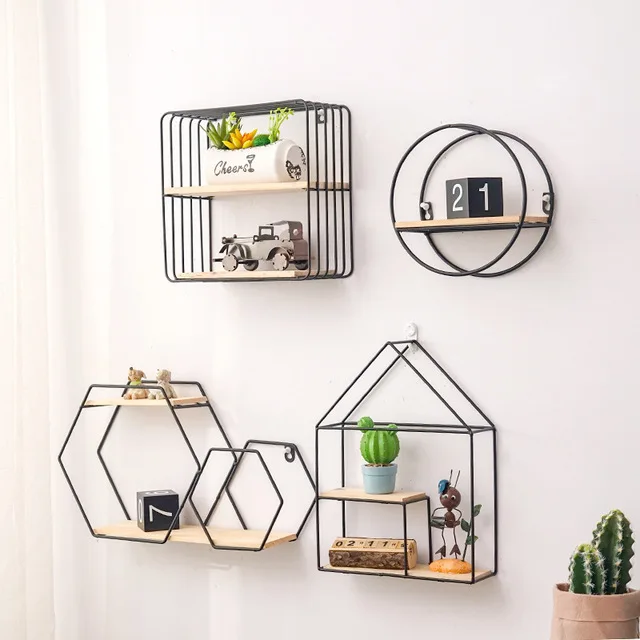 

Metal Iron Wooden Rack Multi Shape Storage Holders Black/Gold Nordic Wall Shelf DIY Home Decor