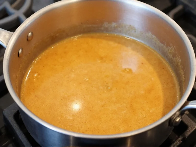 Golden brown roux cooking in stainless steel pan