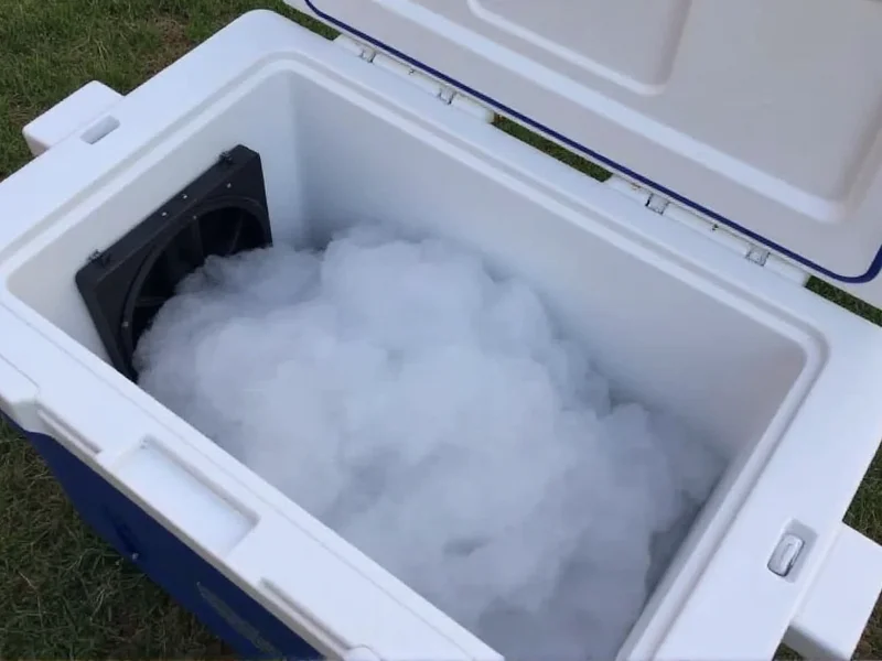 Dry ice fog machine setup in insulated cooler with fan