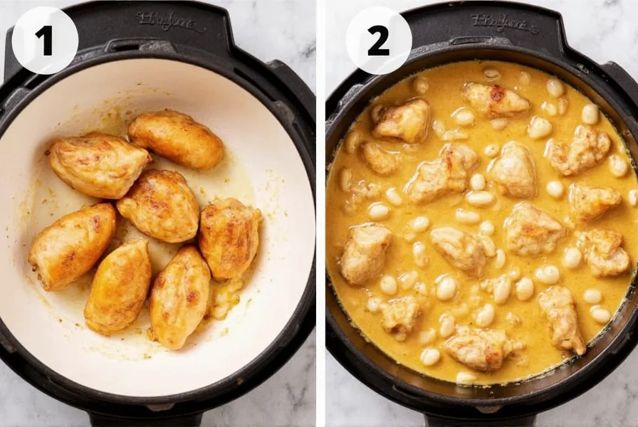 Golden chicken pieces searing in a cast iron pot for creamy chicken chili