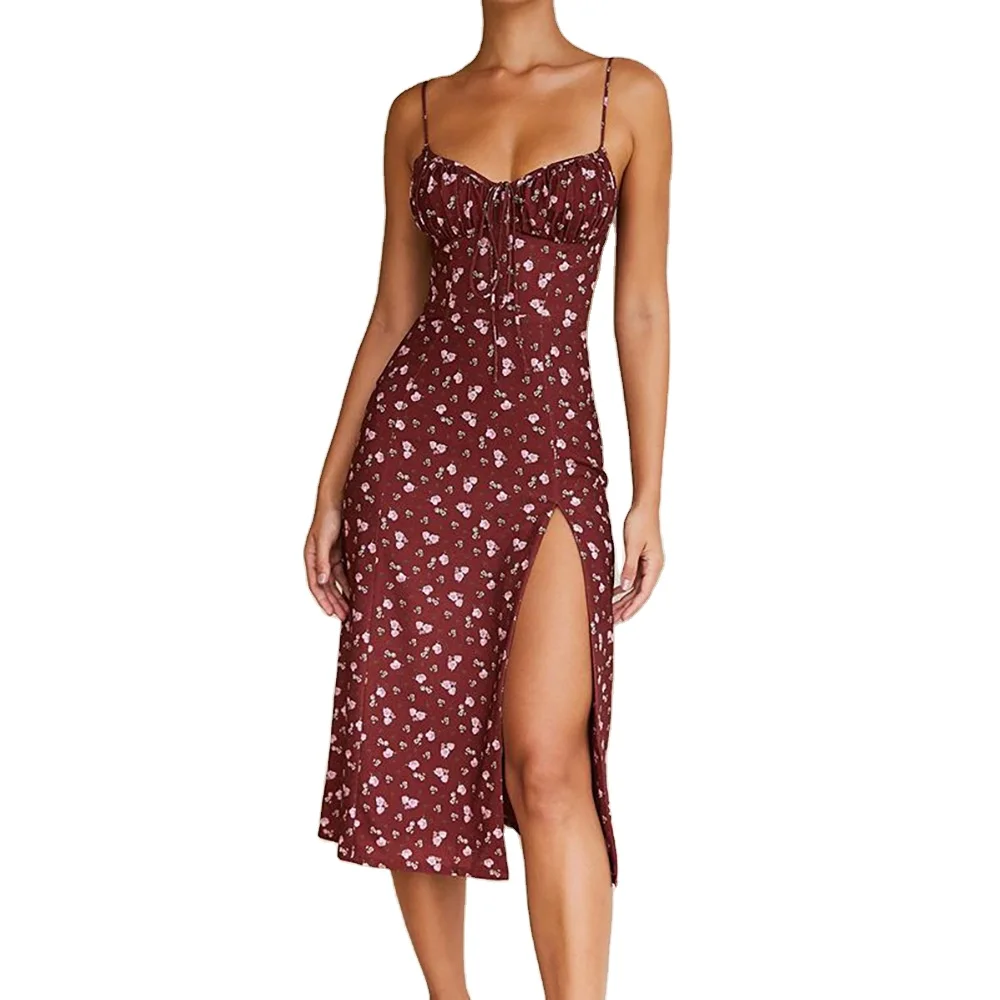 

Summer Sexy Floral Printing Elastic Show Back Condole Belt Dress Women Skirts
