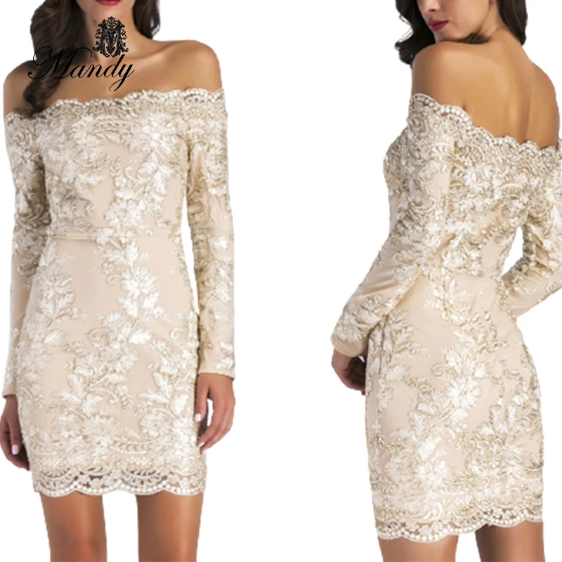

Hot selling long sleeve off shoulder sequins ladies embroider party dresses