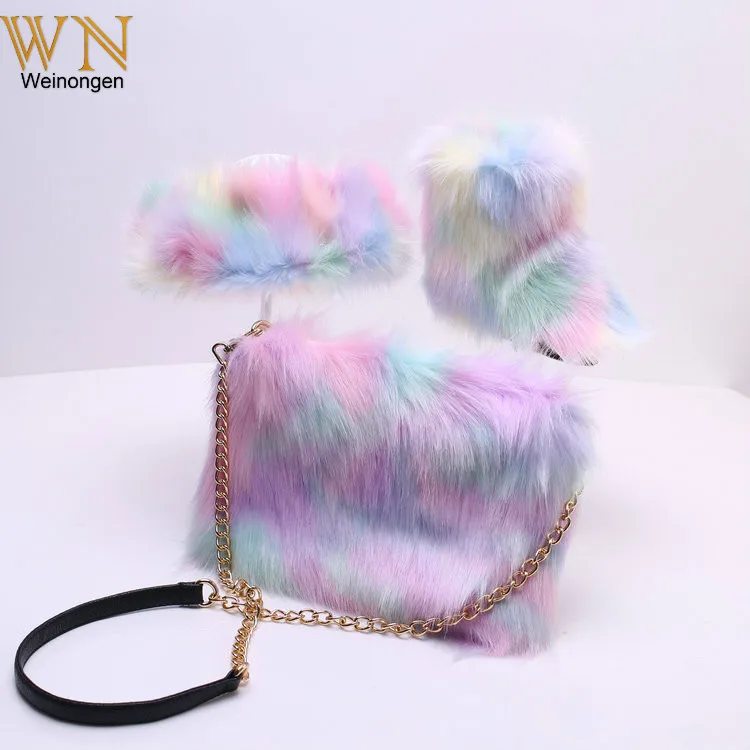 

Children Snow Boots Winter 2021 New Girl Faux Fox Fur Ankle Boots Winter Warm Shoes with headband handbags For Child, As pictures or custom