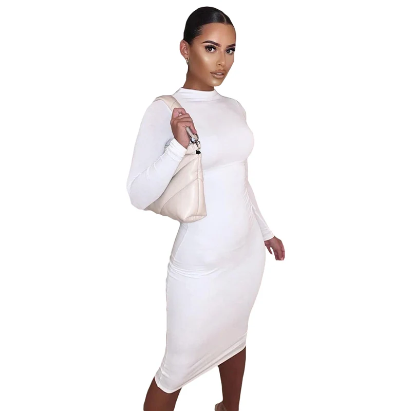 

amazon hot sale women fashion solid long sleeve dress sexy bodycon dress woman casual dresses, White/oem