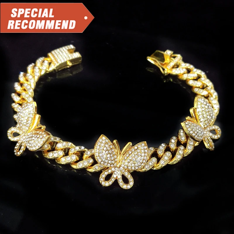 

Hot Sell Small Butterfly Cuban Link Anklet Iced Out Cz Cuban Anklets Women Hip Hop Rapper Bling Foot Jewelry
