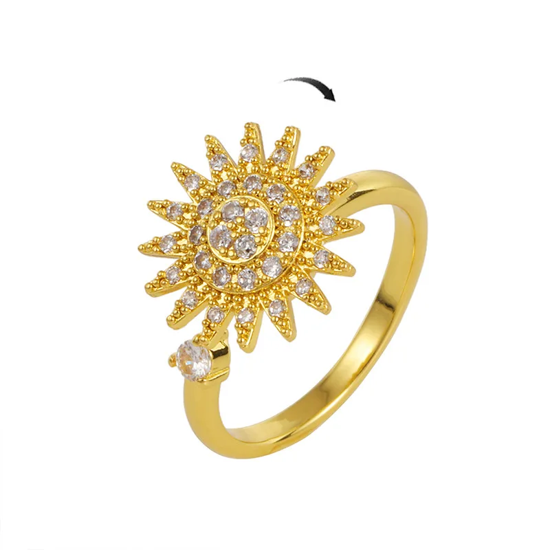 

Hot Selling Adjustable Flower Ring Spinner Fidget Ring Rotatable Zircon Sunflower Ring For Women
