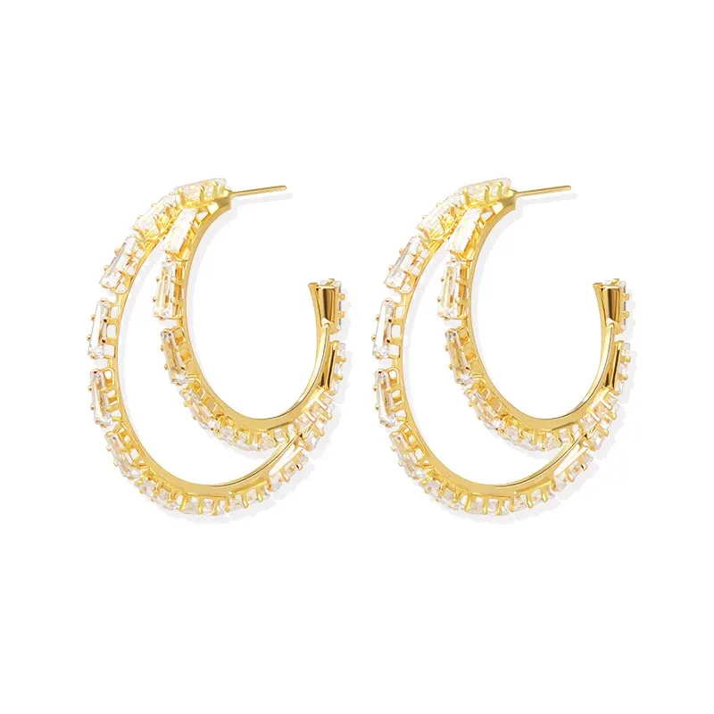 

Double hoop transparent zircon earrings bling bling gold alloy accessories, Gold color