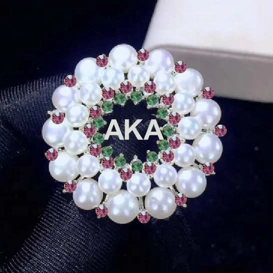 

Big Round Flower Greek Letter Sorority Women Alpha Pink And Green Pearl Brooch, Picture