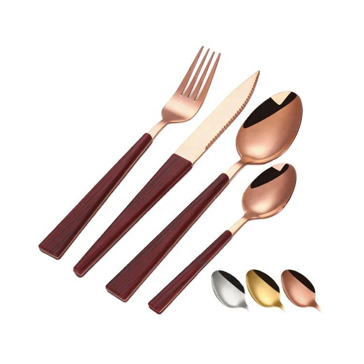 

Modern Stainless Steel Sandwich Plastic Handle Knives Forks And Spoons Flatware Sets With Wooden Color Handles, Sliver\gold\rose gold