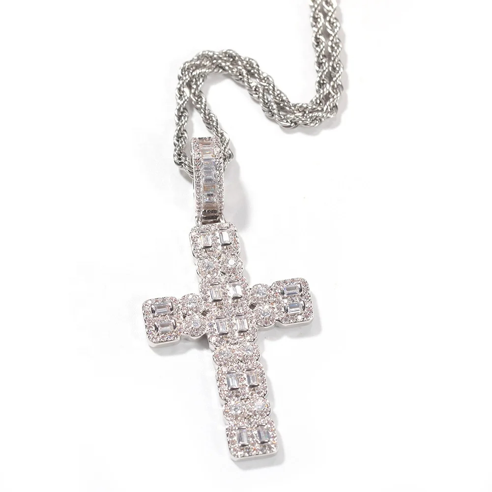 

Hip Hop Two Rows Stone Paved Bling Iced Out Cross Pendants Necklace for Men Rapper Jewelry, Picture shows