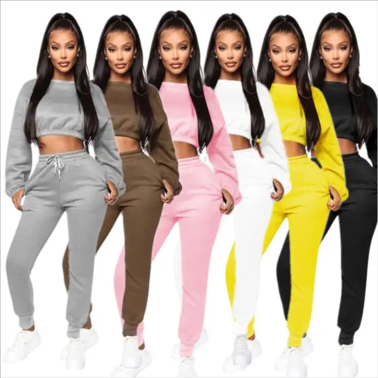 

New Trendy Women Fall Winter Sets Long Sleeve Crop Top Lounge Suits Fleece-lined Sweatsuit Two Piece Outfits Pants Set Tracksuit