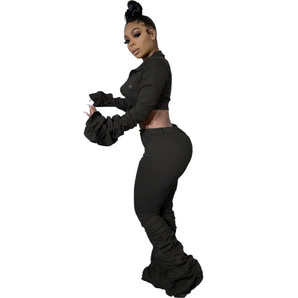 

Wholesale Dropshipping Autumn Long Sleeve Ruffles Sexy Wide Leg Pants Women Sexy Outfit 2 Piece Set, Picture color