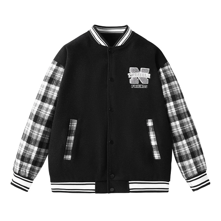 

New style young students littleman splicing plaid handsome stand collar woolen baseball uniform men's casual jacket coat