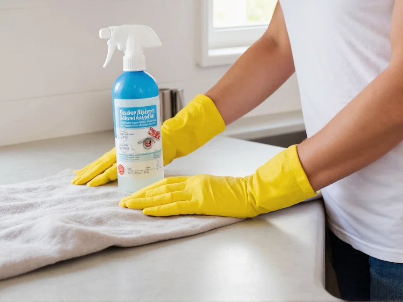 Person wiping kitchen counter with labeled homemade disinfectant spray
