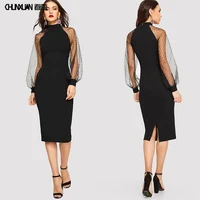 

Euramerican women sexy bodycon lace patchwork round neck puff long sleeve midi dress