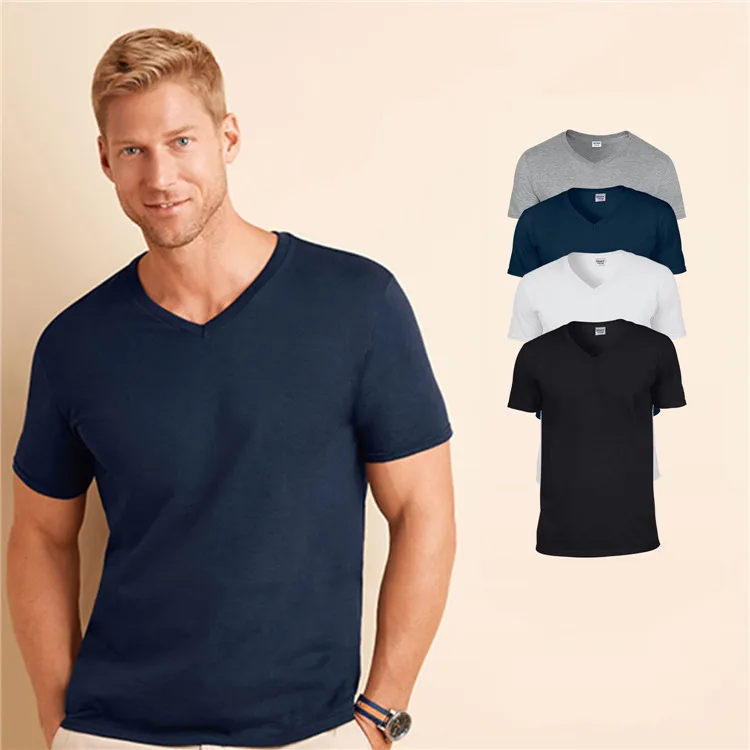 

New Stylish 150 gsm wholesale OEM high quality V-Neck Distress Custom blank cotton V neck plain t shirts men's Embroider T-shirt