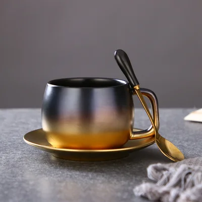 

2021 hot sale Nordic creative frosted black gold simple ceramic coffee cup set with spoon and saucer, As the picture show