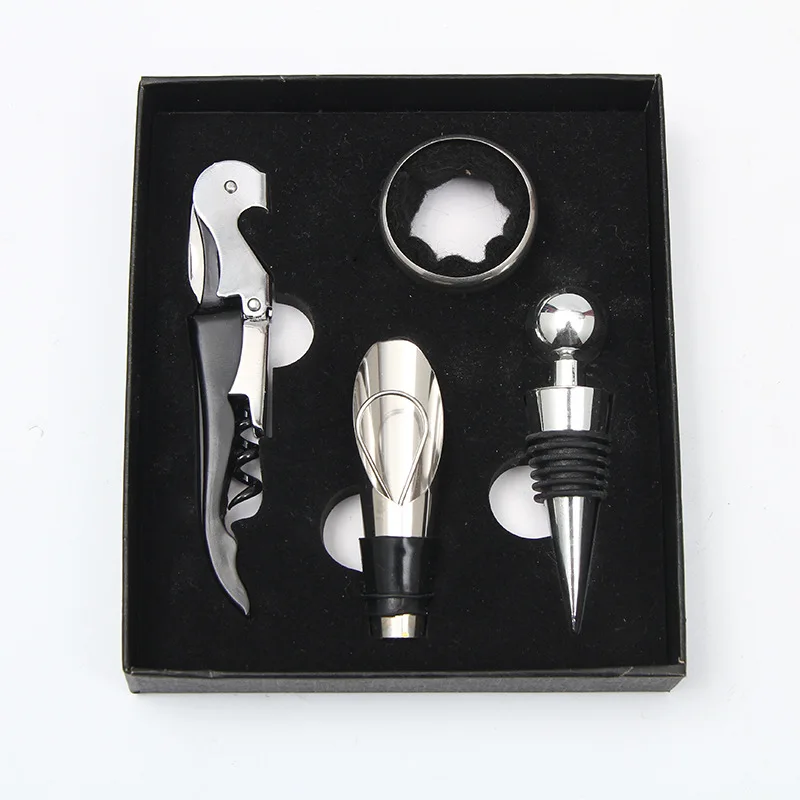 

4pcs Gift Box Custom Wine Tools Wine Opener Set Wine Stopper Drip Ring Pourer Corkscrew Set